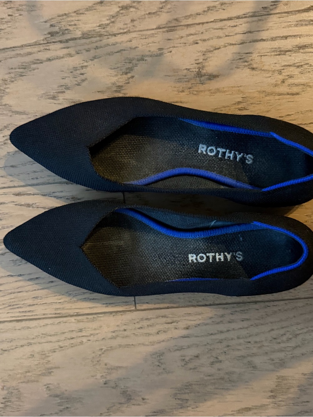 Rothy's Black Pointed-Toe Flats with Blue Trim